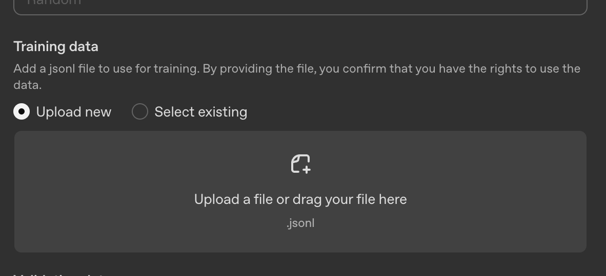 OpenAI fine-tuning dashboard showing JSONL file upload